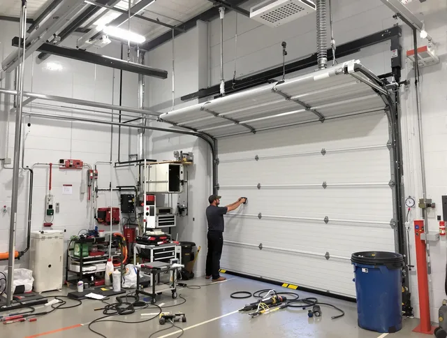 Cromwell Garage Door Repair certified technician performing commercial door repair at a Cromwell business facility