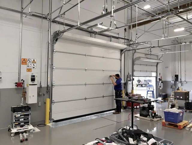 Commercial garage door repair being performed by Cromwell Garage Door Repair expert in Cromwell