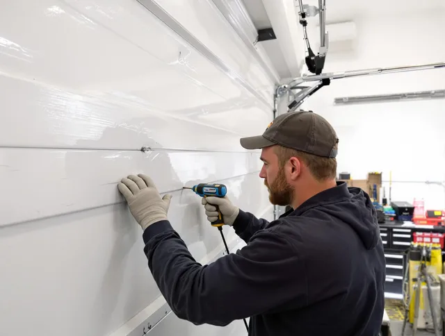 Cromwell Garage Door Repair technician demonstrating precision dent removal techniques on a Cromwell garage door