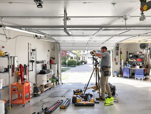 Cromwell Garage Door Repair specialist performing laser-guided track alignment in Cromwell
